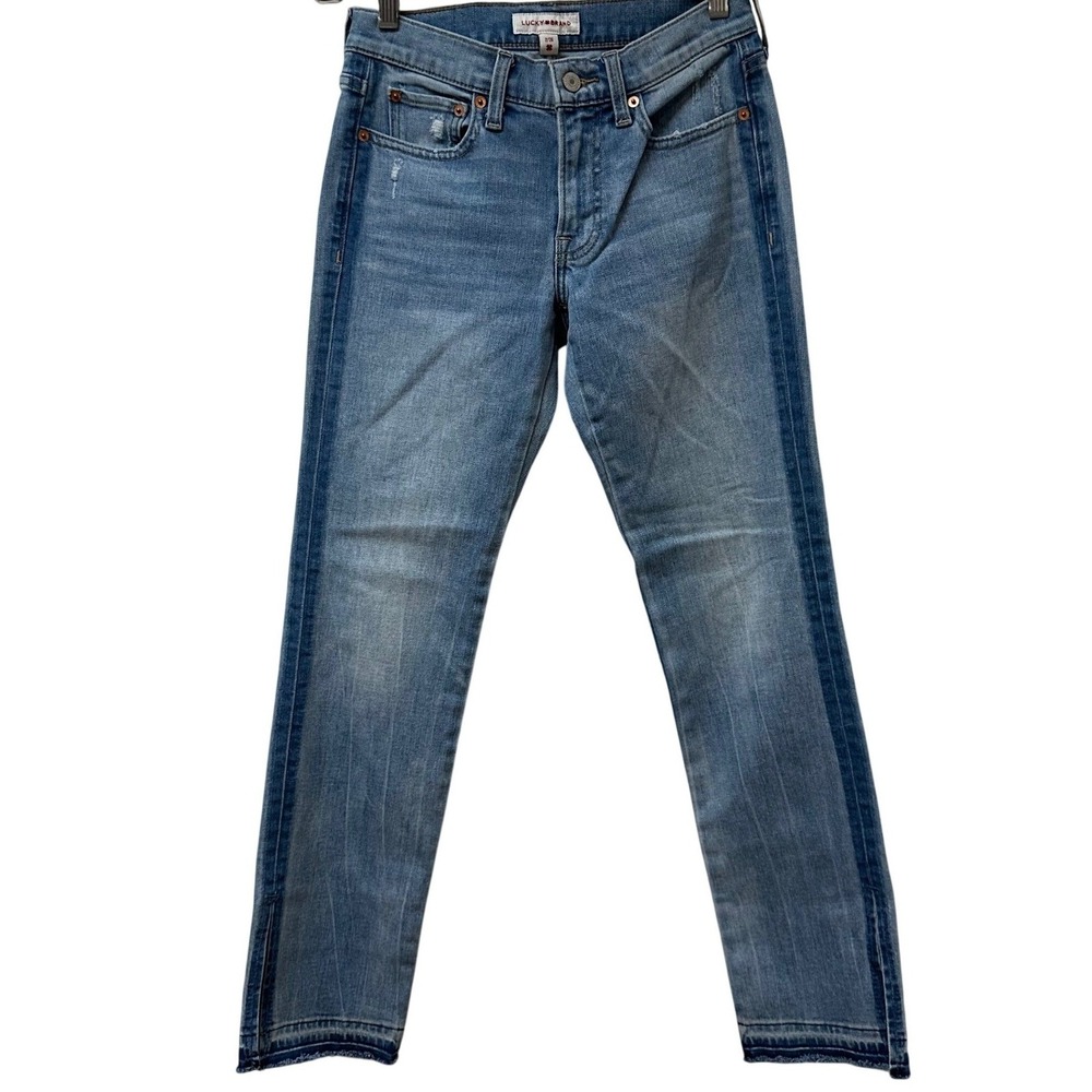 Lucky Brand Sweet Mid Rise Straight Tuxedo Stripe Raw Hem Jeans 2/26